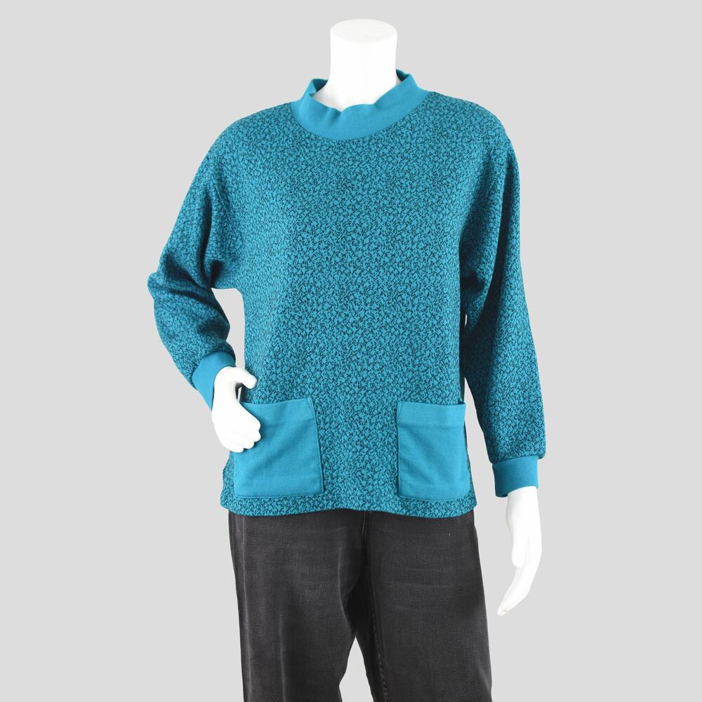 80s Retro Teal Abstract Print Mockneck Sweater with Pockets, Women's Medium